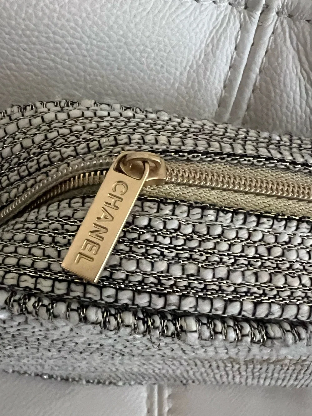 CHANEL Tweed Woven Cosmetic Case - Bag with Gold Logo